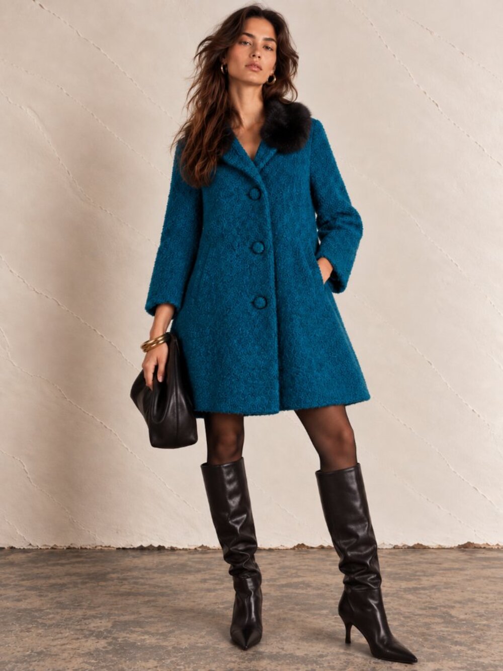 Vintage Blue and Black Boucle Wool Swing Coat with Black Fur Collar